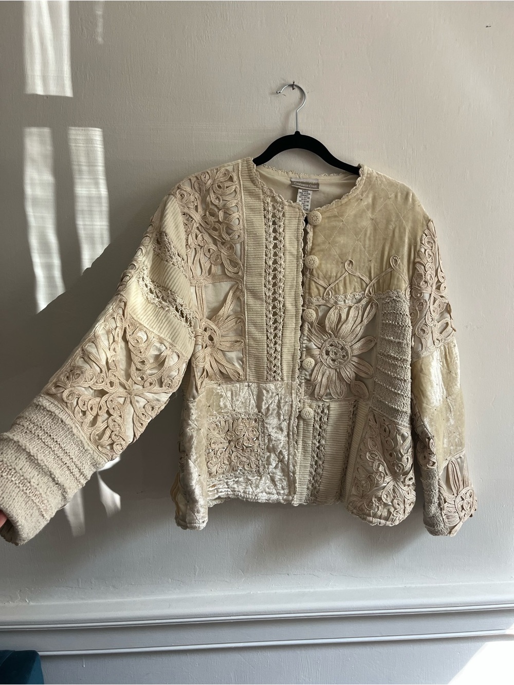 Coldwater Creek Cream Crochet & Patchwork Button Jacket